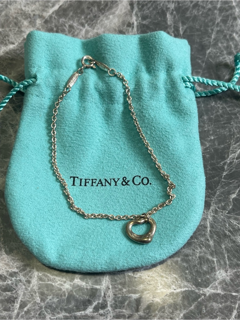 Tiffany & Co. Sterling Silver Heart Charm Bracelet with Blue Pouch